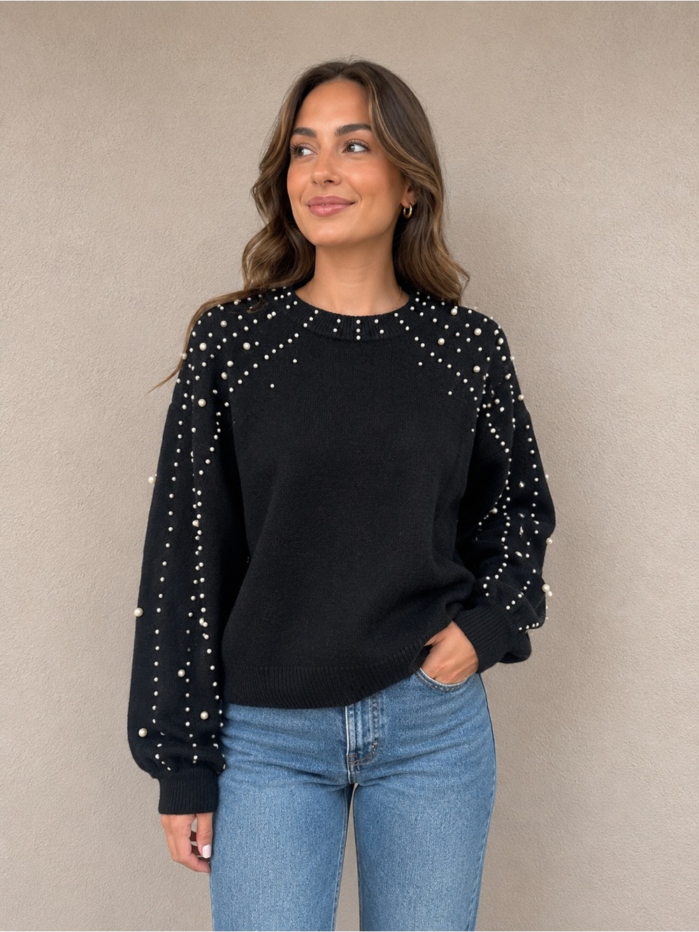 NWT Black Pearl-Embellished Mock Neck Sweater